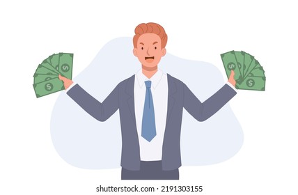 Businessman holds lot of money in hands, financial success, growth. Flact vector illustration
