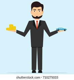 A businessman holds money in one hand in another car. Money in exchange for cars. Flat design, vector illustration, vector.