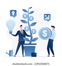 Businessman holds money tree, new startup idea. New business growth. Venture fund, crowdfunding concept. Investor with money in hands. Business incubator, investment process. Flat Vector illustration