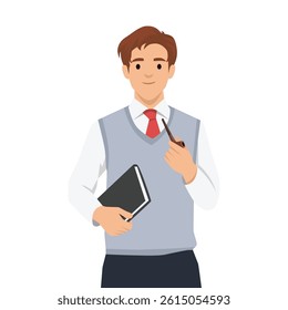 Businessman an holds a notebook and a pipe, exuding intelligence, and thoughtful professionalism. Flat vector illustration isolated on white background