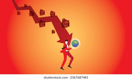 A businessman holds on a down graph of CO2e, to protect the earth. Net zero carbon footprint emission, Sustainability, Global heating, Climate emergency, crisis, red, and hot environmental concept.