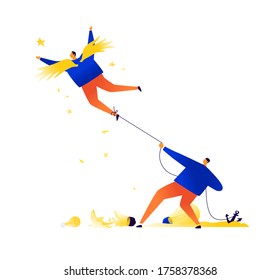 Businessman holds on leash a creative flying angel. Vector. Stop and restriction. A metaphor captured by stereotypes. Pressure from superiors to subordinates. No career growth.