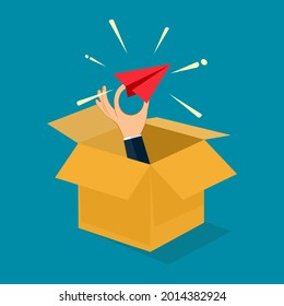 Businessman holds a paper plane flying out of the box. Out of the box concept. vector illustration