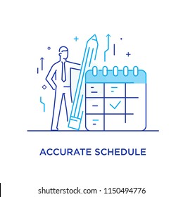 Businessman holds a pencil stands near a calendar. forward to success. Finger pointing direction. Vector illustration Eps10 file. Success, growth rates. Banner