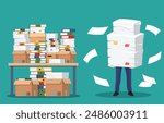 Businessman holds pile of office papers and documents. Documents and file folders on table. Routine, bureaucracy, big data, paperwork, office. Vector illustration in flat style