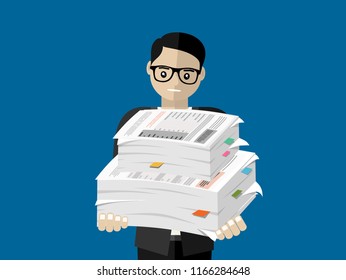 Businessman holds pile of office papers and documents. Documents and file Routine, bureaucracy, big data, paperwork, office. Vector illustration in flat style.