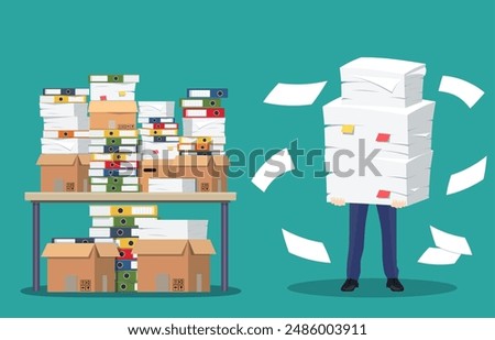 Businessman holds pile of office papers and documents. Documents and file folders on table. Routine, bureaucracy, big data, paperwork, office. Vector illustration in flat style