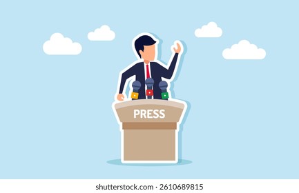 Businessman holds a press conference, illustration of delivering a statement or business decision through media communication in a formal public setting