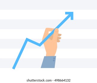 Businessman holds and pulls arrow graph to increase income. Flat concept illustration of progress and success. Hand lifts a blue growth arrow to improve business, profit. Vector infographics element.