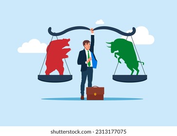 Businessman holds scales with Bear and Bull. Bear and Bull fighting. Root cause analysis and solving problems, risk analysis assessment. Global economy crash or boom.