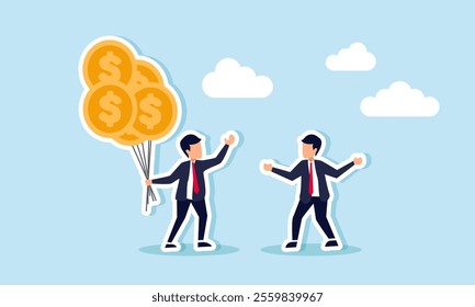 A businessman holds several dollar coin balloons and shows them to other business partners, illustration of business motivation in financial stability strategies