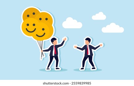 A businessman holds several happy emoticon balloons and shows them to other business partners, illustration of business motivation in strategies to increase business engagement