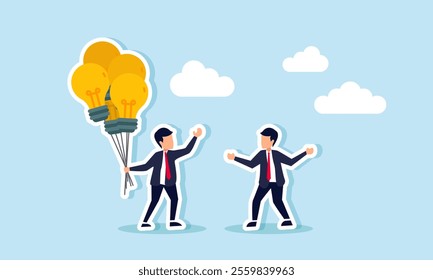 A businessman holds several light balloons and shows them to other business partners, illustration of business motivation in applying ideas and innovations to partners