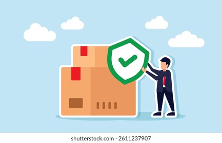 A businessman holds a shield with a check mark beside a stack of boxes, illustration of business in the cargo insurance and logistics sector