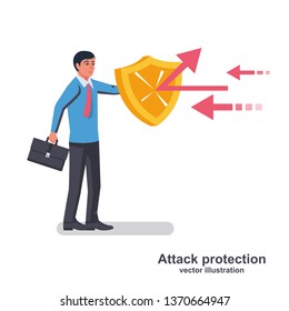 Businessman holds a shield defending from attacks. Attack protection. Reflection impact. Vector illustration flat design. Isolated on white background. Successful business people.