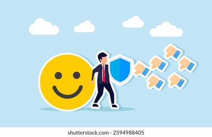 A businessman holds a shield, try to protect a happy emoticon from attacks by several thumbs down emojis dislikes, illustration of warranty ensuring market attention positive responses