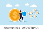 A businessman holds a shield, trying to protect a dollar coin from attacks by several thumbs-down emojis dislikes, illustration of insurance or warranty ensuring business financial assets