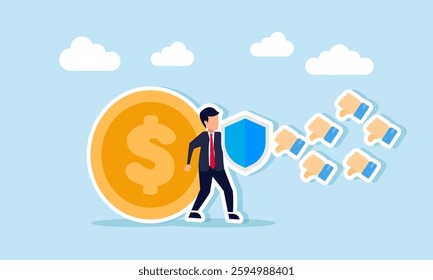 A businessman holds a shield, trying to protect a dollar coin from attacks by several thumbs-down emojis dislikes, illustration of insurance or warranty ensuring business financial assets