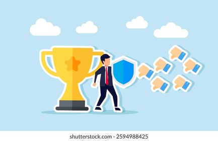 A businessman holds a shield, trying to protect a trophy from attacks by several thumbs-down emojis dislikes, illustration of warranty ensuring service and product quality