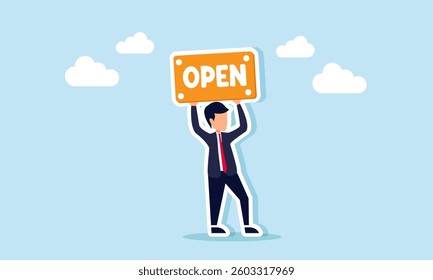 A businessman holds up a sign that says OPEN, illustration of socialization and education about openness in accepting investors