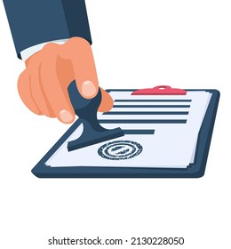 Businessman holds stamping in hand. Hand stamping and clipboard. Vector illustration flat design. Isolated on white background. Paper work in the office. Document for signature.