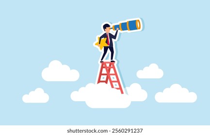 A businessman holds a star and peers ahead while climbing a ladder above the clouds, illustration of observing and analyzing strategies to improve business ratings