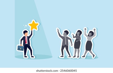 A businessman holds a star under a spotlight, observed by several business competitors, illustration of a leading company presenting business rating quality to competitors