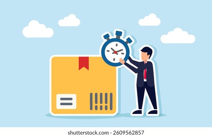 A businessman holds a stopwatch while standing next to a package box, illustration of delivery deadline in logistics shipping