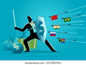 Businessman holds a sword and a shield marked with a dollar sign, protecting a pile of money from incoming arrows adorned with BRICS flags. Global economic, financial, and geopolitical competition