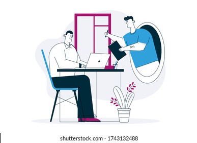 Businessman holds tablet with electronic document for online digital signature. Man works on laptop. Vector character illustration of distance signing contract. Metaphor futuristic scene teleportation