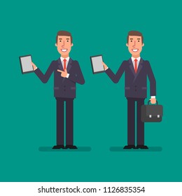 Businessman holds tablet holds suitcase and smiling. Business people. Vector illustration.