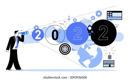 Empresario sostiene telescopio. previsión en el año 2022.idea y concepto creatividad ilustración tecnología de innovación empresarial moderna. 