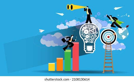 Businessman holds telescope foresight.businessman running  with businessmen workers flying to success.idea and concept creativity illustration business.
