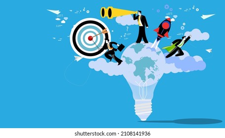 Businessman holds telescope foresight.businessman running  with businessmen workers flying to success.idea and concept creativity illustration business.