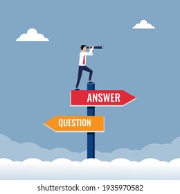 Businessman holds telescope looking for answer. Business concept vector illustration.
