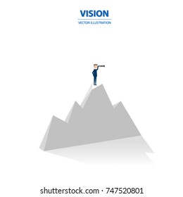 Businessman holds a telescope on top of the mountain. Business concept of goals, success, achievement and challenge. Vector illustration.