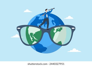 Hombre de negocios sostiene el telescopio mientras está parado en las gafas del mapa mundial, ilustrando la visión global de los negocios. Concepto de oportunidades de negocios internacionales, explorar nuevos mercados, buscar una carrera en el extranjero