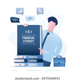 Businessman holds textbook - financial literacy. Influencer advertises courses in trading. Stack of economic books. Writer or successful trader presents new book on finance and investment. Flat vector