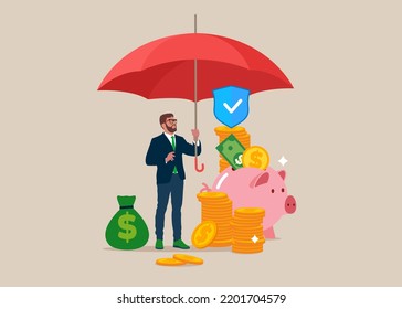 Businessman holds umbrella, money under protection, or saving money for a rainy day. Bank deposit protection, retirement savings. Vector illustration.