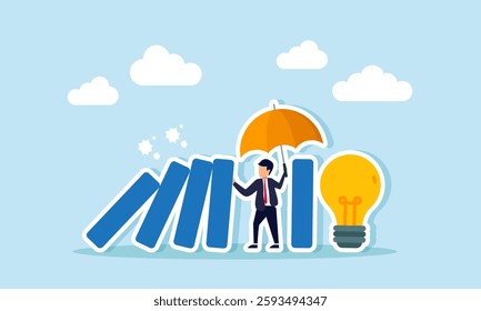 Businessman holds an umbrella, stopping falling blocks to protect a lit lamp, illustration of business insurance in safeguarding intellectual property