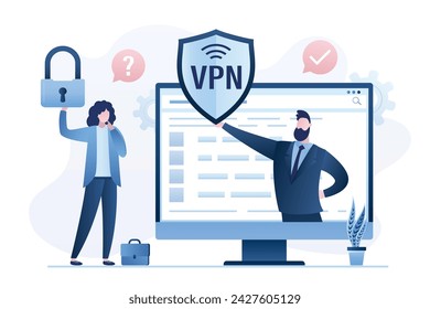 Hombre de negocios tiene software VPN o plugin. Aplicación de búsqueda de usuario de mujer para conexión segura a Internet, cifrado de datos. Protocolo de seguridad. Red privada virtual. Candado de sujeción femenino. Ilustración de vector