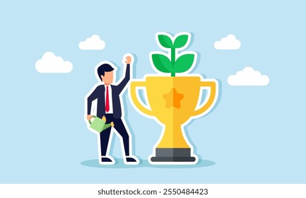 A businessman holds a watering can and stands beside a trophy growing plants, illustration of nurturing business commitment that makes a business the best with an eco-green focus