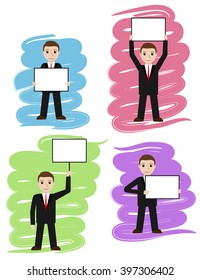 Businessman holds white board, signboard. Cartoon man showing empty copy space. Vector illustration.