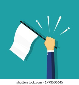 Businessman holds white flag of surrender. Hand holding blank flag. vector illustration