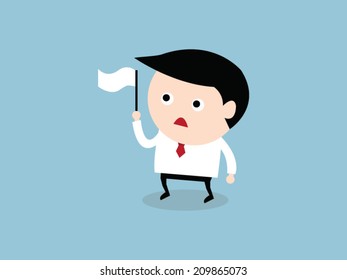 businessman holds white flag of surrender, flat design, vector EPS10