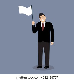 Businessman holds white flag of surrender. Business concept