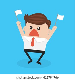 businessman holds white flag of surrender