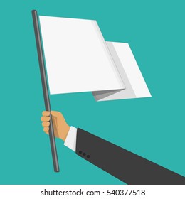 Businessman holds white flag of surrender. Hand holding blank flag. Flat style vector illustration. Surrender concept.