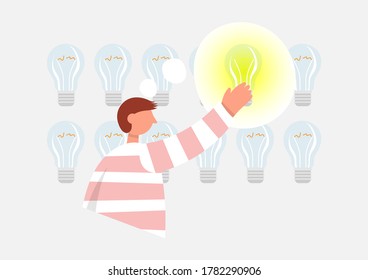Businessman holds working idea light bulb. Color vector cartoon illustration.