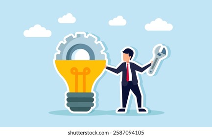 Businessman holds a wrench standing next to a lit lamp with machine gears inside, illustration of repair, recovery, or evaluation of business ideas and innovations